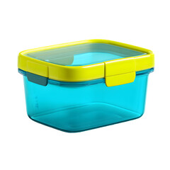 A vibrant blue plastic food container with a bright yellow lid on a stark black background studio shot on transparent background