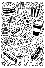 Fast food set. Simple doodle style. Hamburger, fries, and soda.