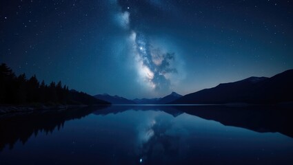 Serene lake reflecting a night sky filled with stars and the milky way.