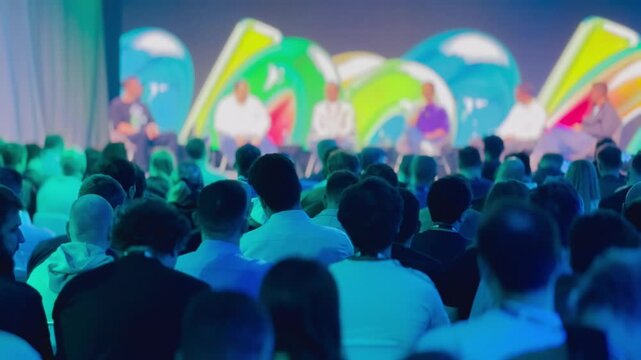 Group of professionals attending a conference, seated in the audience while panelists discuss. Diverse crowd focuses on knowledge sharing in a vibrant environment.