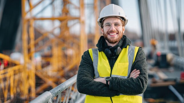 Smiling construction worker in a safety helmet and vest on a site with cranes in the background, promoting safety in construction.