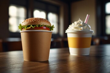 Delicious burger and creamy milkshake on a wooden table