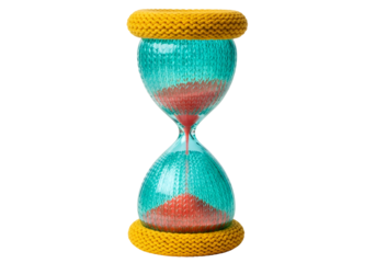 Colorful modern hourglass with textured yellow caps and vibrant sand flow against black background