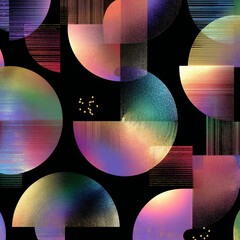 Bauhaus half-circle pattern with holographic gradients and ink brush details