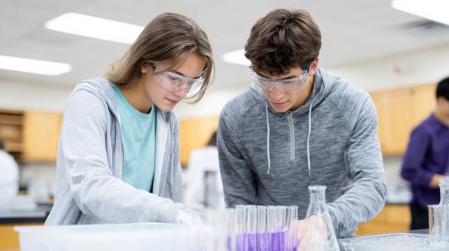 Young students engaged in scientific experiment with test tubes and beakers in a laboratory, showcasing teamwork and educational exploration