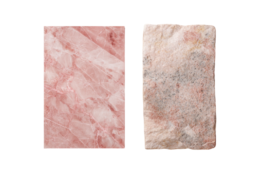 Two rectangular slabs of pink and beige marble