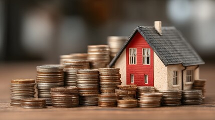 House model surrounded by stacks of coins representing real estate investment and mortgage concept