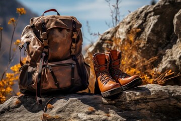 Camping bag with boots backpacking rock mountaineering.