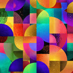 Bauhaus half-circle pattern with holographic gradients and ink brush details