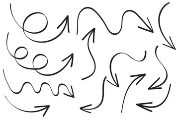 Hand drawn arrows collection. Set simple arrows isolated on white background. Arrow mark icons. Arrow indicated the direction symbol.