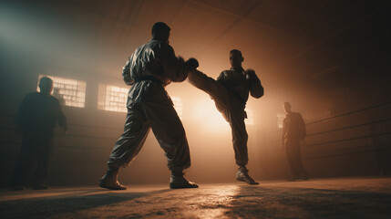 Two fighters sparring in a kickboxing ring under dramatic lighting
