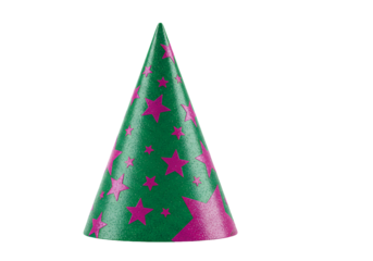 Colorful Party Hat with Green and Pink Star Pattern on a Black Background