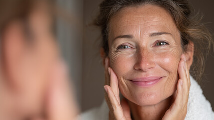 Happy middle-aged woman smiling while touching her face in the mirror
