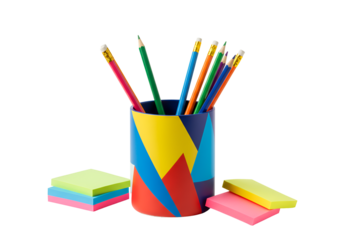 Colorful pencil holder with assorted colored pencils and sticky notes on a black background