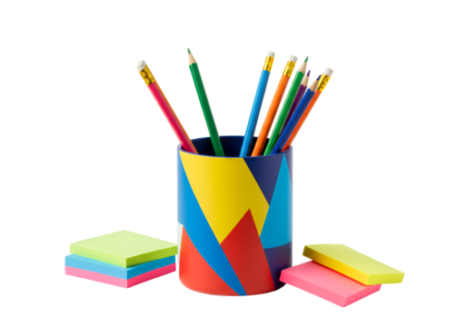 Colorful pencil holder with assorted colored pencils and sticky notes on a black background