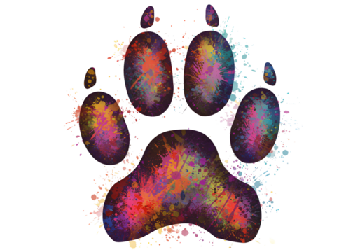 Colorful paw print artwork with vibrant splashes and paint splatters on a black background