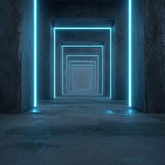 Dark concrete tunnel lit by bright turquoise neon lines