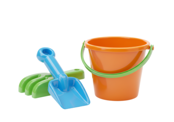 Colorful plastic beach toys including a bucket shovel and rake for children playtime
