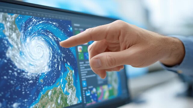 The use of technology and AI to assist in weather forecasting. A computer screen displaying detailed weather pattern analysis, with a person&rsquo;s hand pointing.