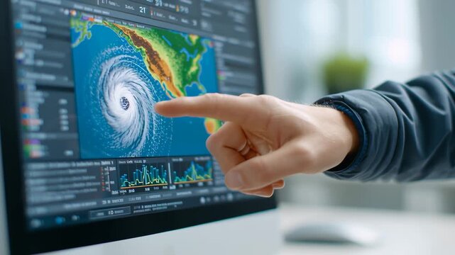 The use of technology and AI to assist in weather forecasting. A computer screen displaying detailed weather pattern analysis, with a person&rsquo;s hand pointing.