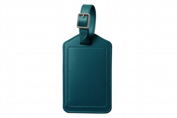 Blank teal luggage tag featuring leather strap, metal buckle, positioned against transparent background, waiting for personalized details