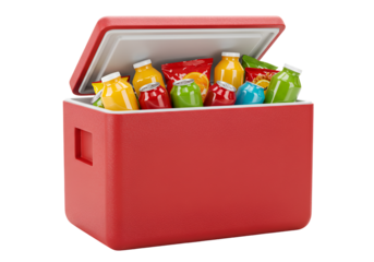 Colorful plastic bottles inside a small red cooler with white lid on black background