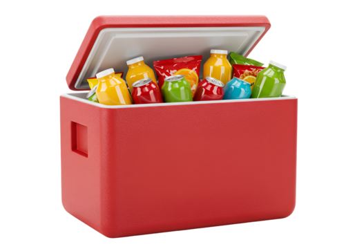 Colorful plastic bottles inside a small red cooler with white lid on black background
