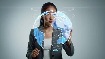 Global Technology Woman Interacts With Holographic Earth - Powered by Adobe