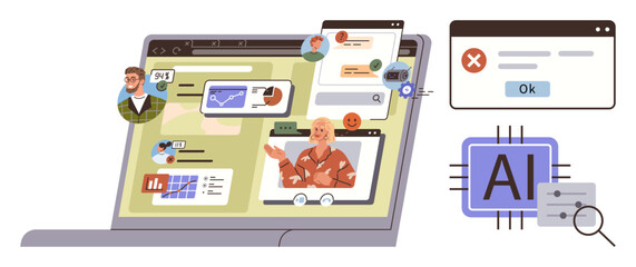 Virtual meeting on a laptop with data graphs, notifications, avatars, AI chip, and error alert. Ideal for teamwork, AI, analytics, remote work communication tech innovation simple flat metaphor