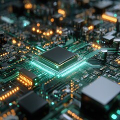 Close-up of a circuit board with a central processor