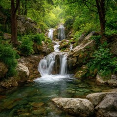 Fototapeta premium Waterfall water nature river cascade landscape stream forest falls stone rocks seamless looping time lapse virtual video animation background 4K