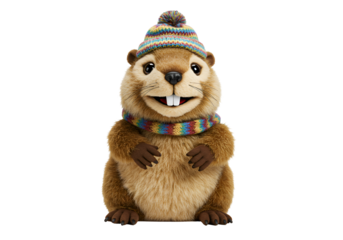 Cute animated beaver character wearing a colorful knit hat and scarf against a black background
