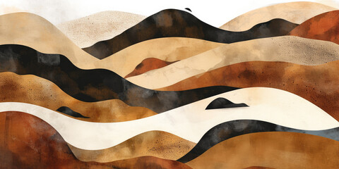 Abstract landscape with rolling hills earth tones brown beige black and white watercolor texture minimalistic calm serene nature inspired modern wall art