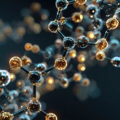 Complex molecule structure, spheres of various colors, connected by lines