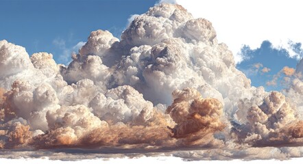 A massive cumulus cloud formation dominates a vibrant blue sky, with warm, golden hues at its base