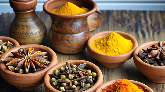 A vibrant display of various spices in traditional bowls, set against a rustic wooden background, showcasing the rich colors and textures of culinary ingredients, perfect for food-related content