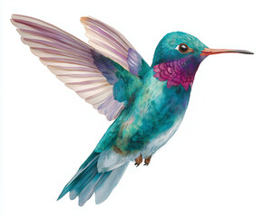 Obraz premium Watercolor illustration of a hummingbird in flight on a white background