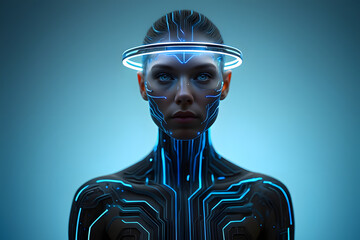 Futuristic woman with glowing circuits and headpiece android cyborg