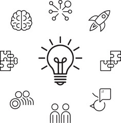 Innovation Line Art Vector  Minimal Brain Puzzle with Rocket, Light Bulb and Idea Flow for Business Strategy, AI Concepts, Creative Design Thinking and Infographics