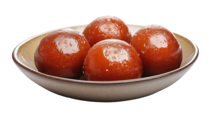 Sweet gulab jamun traditional Indian dessert brown syrup soaked sweet ball isolated on white background
