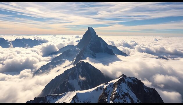 Eiger, M&ouml;nch, Jungfrau peaks dramatically rise above a swirling sea of clouds, viewed from M&uuml;rren-Birg terrace,  clouds,  aerial view