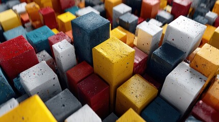 Colorful, textured cubes in varied heights create an abstract cityscape