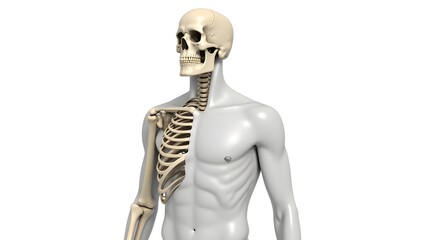  illustration of a man's upper body skeleton, showing detailed bones including skull, clavicle, rib cage, spine, and humerus