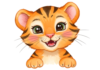 Cute cartoon tiger cub with expressive large eyes and playful smile for children's design