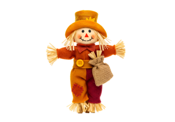 Cute scarecrow doll with straw hat and burlap sack accessory on black background