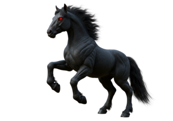 Dark black mythical horse with glowing red eyes and flowing mane running on a black background