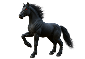Dark Black Mythical Horse with Red Eyes and flowing mane in a dynamic pose isolated on black