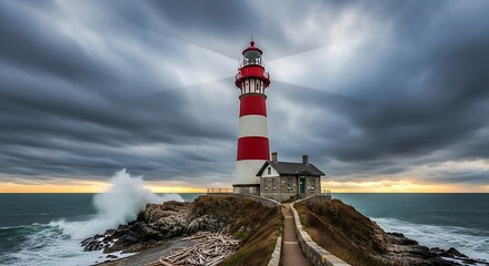 Obraz premium Dramatic Lighthouse at Point Prim National Historic Site during Stormy Weather