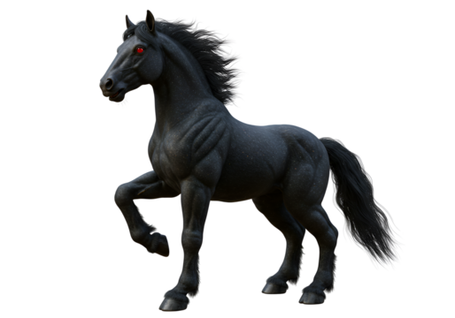 Dark Black Mythical Horse with Red Eyes and flowing mane in a dynamic pose isolated on black