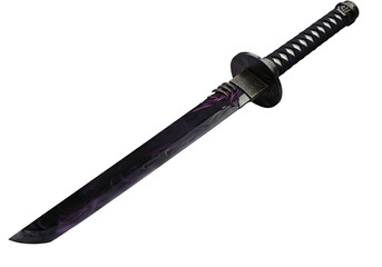 Dark fantasy katana sword with glowing purple accents on black background